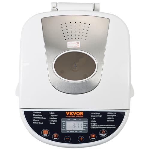 VEVOR Bread Maker, 19-in-1 2LB Dough Machine, Nonstick Ceramic Pan Automatic Breadmaker with Gluten Free Setting, Whole Wheat Bread Making, Digital, Programmable, 3 Loaf Sizes, 3 Crust Colors, White