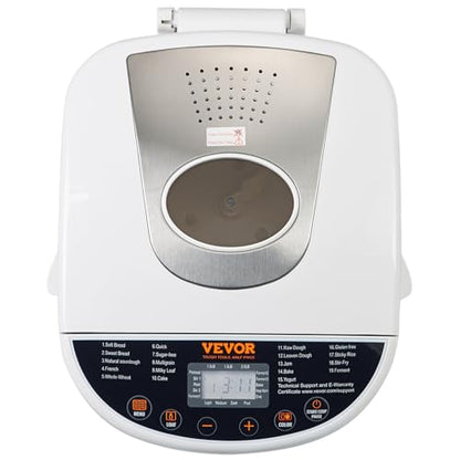 VEVOR Bread Maker, 19-in-1 2LB Dough Machine, Nonstick Ceramic Pan Automatic Breadmaker with Gluten Free Setting, Whole Wheat Bread Making, Digital, Programmable, 3 Loaf Sizes, 3 Crust Colors, White