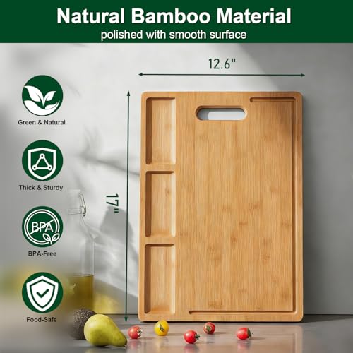 Bamboo Cutting Board with 3 Compartments: 17" Large Double-Sided Chopping Board with Juice Groove, Mess-Free Meal Prep for Meat, Vegetables & Fruits