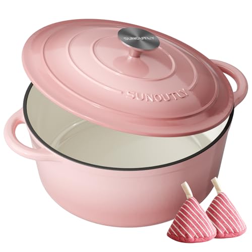Enameled Cast Iron Dutch Oven - 7.5QT Dutch Oven Pot with Lid & Cotton Potholders - Heavy-Duty Non Stick Casserole Pot for Braising, Stews, Roasting, Baking, Suitable for All Stovetops, Gentle Pink