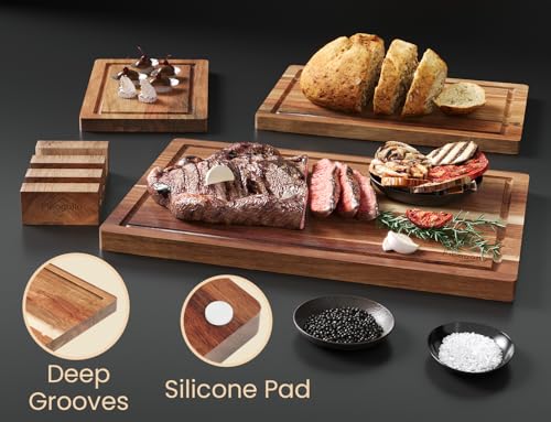 Fibogollo Acacia Wood Cutting Boards for Kitchen(Set of 3),Wooden Chopping Boards Set with Juice Groove,Serving Board with Holder,Butcher Block for Meat,Vegetables,Fruit