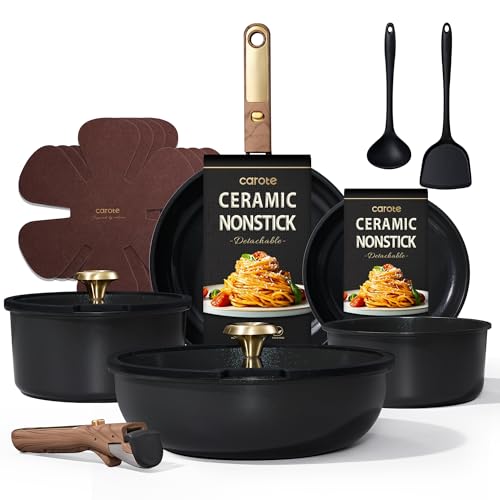 CAROTE 15Pcs Ceramic Cookware Set, Pots and Pans Set Non stick, Kitchen Cooking Set with Detachable Handle, Non Toxic Induction Cookware, Dishwasher/Oven Safe, PFAS Free, Black&Gold