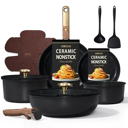 CAROTE 15Pcs Ceramic Cookware Set, Pots and Pans Set Non stick, Kitchen Cooking Set with Detachable Handle, Non Toxic Induction Cookware, Dishwasher/Oven Safe, PFAS Free, Black&Gold