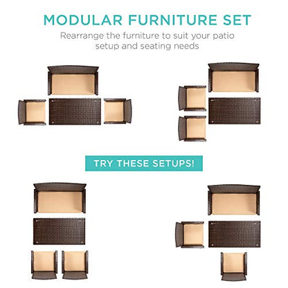 Best Choice Products 4-Piece Outdoor Wicker Patio Conversation Furniture Set for Backyard w/Coffee Table, Seat Cushions - Brown/Beige