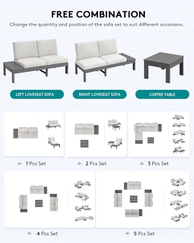 SERWALL HDPE Outdoor Loveseat Sofa, 2 Seats Patio Sofa, All-Weather Patio Conversation Sets with Adjustable Backrest Sofa for Backyard and Garden, Grey Frame with Beige Cushion