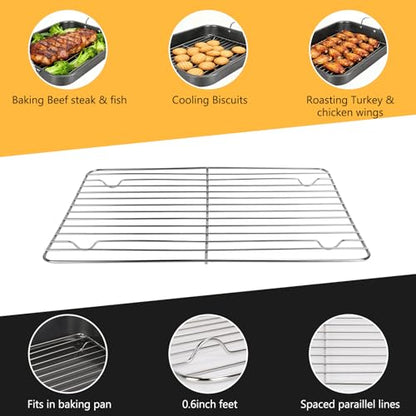 Nonstick Roasting Pan with Rack, 14.5x11.4’’ Baking Pan for Oven with Rack & Silicon Hand Clip, Heavy Duty Dishwasher Safe Rectangular Lasagna Pan with Handle for Turkey Chicken, Dark Grey