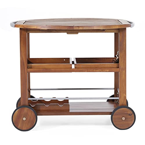 Christopher Knight Home Tillary Tiller Outdoor Acacia Wood Bar Cart Aluminum Accents, Dark Oak/Shiny Powder Coating