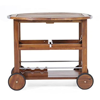 Christopher Knight Home Tillary Tiller Outdoor Acacia Wood Bar Cart Aluminum Accents, Dark Oak/Shiny Powder Coating