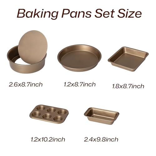 BRMUEIX 5-Piece Gold Nonstick Baking Pans Set, Carbon Steel Bakeware Includes Round Cake Pan, 6-Cup Muffin Pan, Square Pan, Pizza Pan, Loaf Pan, Complete Baking Tools for Home Baking & Gift