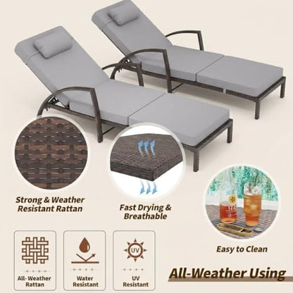 Garvee Outdoor Chaise Lounge Set of 2, 5-Position Adjustable PE Wicker Reclining Chairs with Wheels & 3.5" Cushions, 400 lbs Capacity All-Weather Patio Furniture for Poolside, Garden, Beach(Gray)