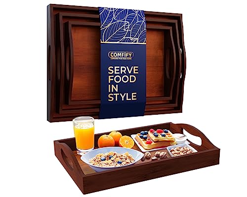 Comfify Dark Brown Bamboo Serving Trays with Handles – Set of 3 Nesting Ottoman Trays for Coffee Table, Breakfast, Food Serving & Home Decor – Rich Walnut-Tone Wood Tray for Kitchen & Living Room