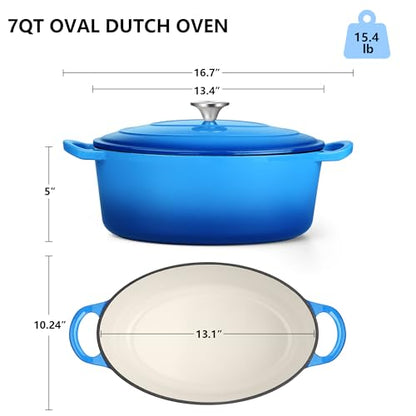 TeamFar 7QT Oval Dutch Oven, Enameled Cast Iron Dutch Oven Pot with Lid, For Bread Baking/Stewing/Braising/Frying, Suitable for Various Stoves, Non-stick & Easy Clean, Blue