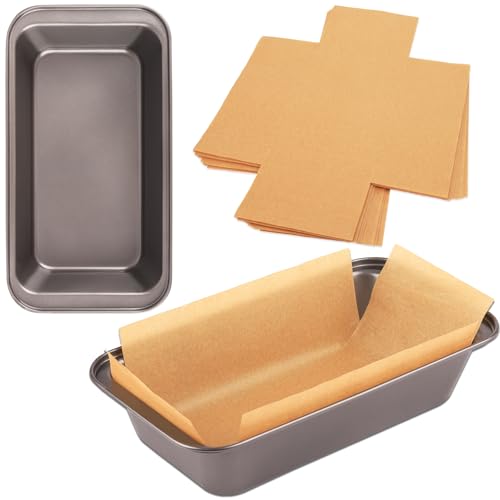 UCBAT 2 PCS Nonstick Loaf Pan Set, 9 x 5 Inch Carbon Steel Rectangle Bakeware with 100 Unbleached Parchment Liners for Baking Toast, Cakes, Banana Breads, Gray
