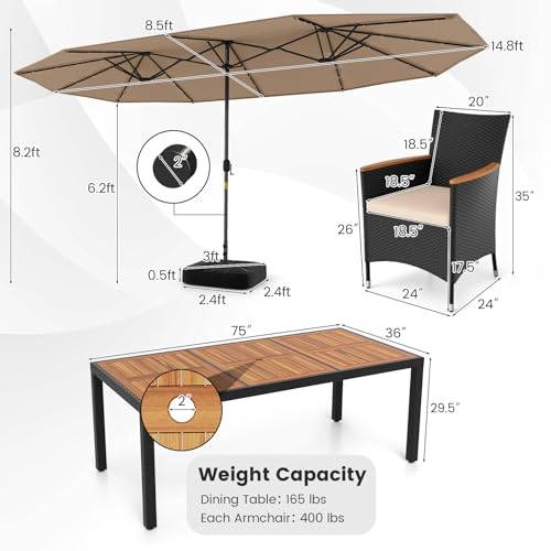 Tangkula 11 Pieces Patio Dining Set with Double-Sided Led Patio Umbrella (Base Included), with 8 Stackable Chairs, Acacia Wood Dining Table and Large Umbrella with Solar Lights (Coffee + Off White)