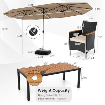 Tangkula 11 Pieces Patio Dining Set with Double-Sided Led Patio Umbrella (Base Included), with 8 Stackable Chairs, Acacia Wood Dining Table and Large Umbrella with Solar Lights (Coffee + Off White)