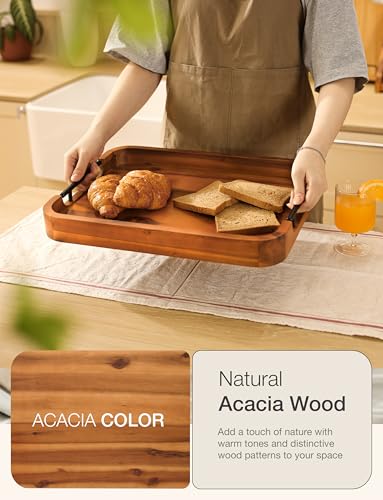TIDITA Ottoman Tray for Living Room – 17"x13" Rectangle Serving Tray with Handles – Wooden Tray for Coffee Table, Living Room, Breakfast in Bed – Decorative Trays for Ottoman or Couch (Acacia Wood)