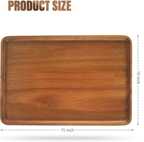 Charmlife 1 pcs 15"x 10" Solid Acacia Wood Serving Tray Rectangular Wooden Serving Platter Natural Wooden Board for Bar Coffee Party