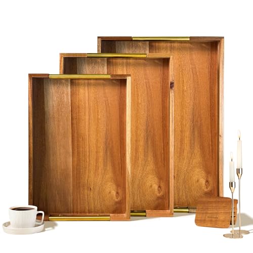 SNAZZORA 3 Pcs Acacia Wood Serving Trays with Golden Steel Handles 18", 16" & 14" with 6 Coasters - for Coffee Table, Ottoman in Living Room, Breakfast in Bed, Jewelry, Decorative, BBQ, Charcuterie