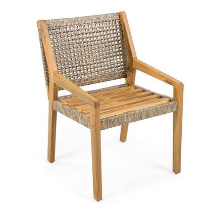 Christopher Knight Home Verle Wooden Patio Dining Set for 4, Acacia Wood Outdoor Dining Table Set for 4, 5 Piece Outdoor Dining Set with Round Table and Armchair with Seat Cushion, Teak+Beige