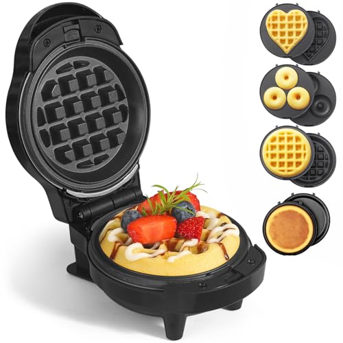 UVFAST Mini Waffles Maker with 8 Removable Plates, 4 in 1 Small Waffle Maker Mini- Waffle, Heart Waffle, Pancake, Donut, 4.5" Non Stick Waffle Iron for Families, Black