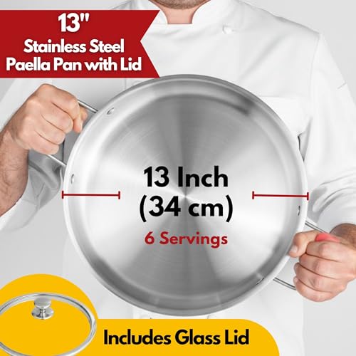Paelluxe 13 Inch Tri-Ply Stainless Steel Paella Pan with Lid for 6 Servings - Includes Hot Handle Holders - Induction, Oven and Dishwasher Safe Skillet, Indoor Outdoor Cooking Cacerola Paellera Sarten