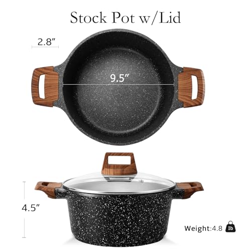ESLITE LIFE Nonstick Stock Pot with Lid, 5 Quart Granite Casserole Large Soup Pot Pasta Cooking Pot, Induction Compatible, PTFE & PFOA Free, Black