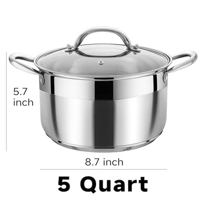 Kirecoo Stainless Steel Stock Pot - 5 Quart Heavy Duty Induction Cooking Pot with Visible Lid for Pasta, Soup, Spaghetti, Nonstick Thick Bottom Big Stockpot, Deep Cookware for Canning, Boiling, Simmer
