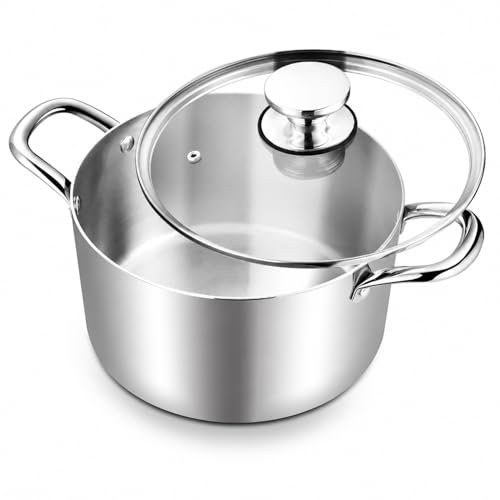 TeamFar 6 Quart Stock Pot, Stainless Steel Tri-Ply Cooking Pasta Pot with Tempered Glass Lid for Induction/Electric/Gas/Ceramic, Healthy & Sturdy, Double Riveted Handles & Dishwasher Safe