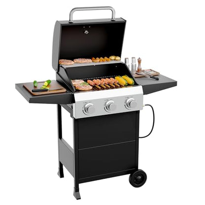 ROVSUN 3 Burner Propane Gas Grill with Foldable Side Shelves, 36000BTU BBQ Grills with Enameled Cast Iron Grates, Cabinet & Poratable Rolling Wheels for Outdoor Garden Patio Backyard Barbecue Cooking