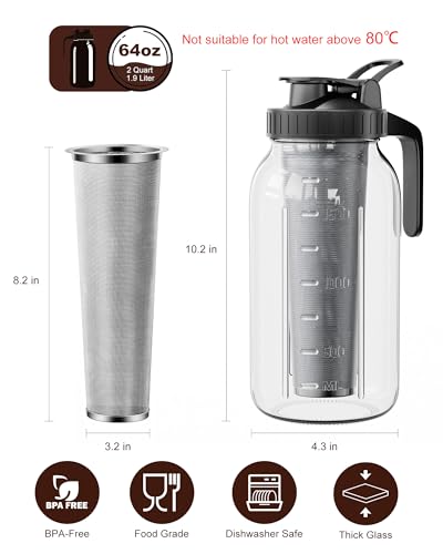 VA1KENE Cold Brew Coffee Maker 64oz, Iced Coffee Maker with 304 Stainless Steel Filter, Mason Jar Pitcher with Lid and Spout (Black)