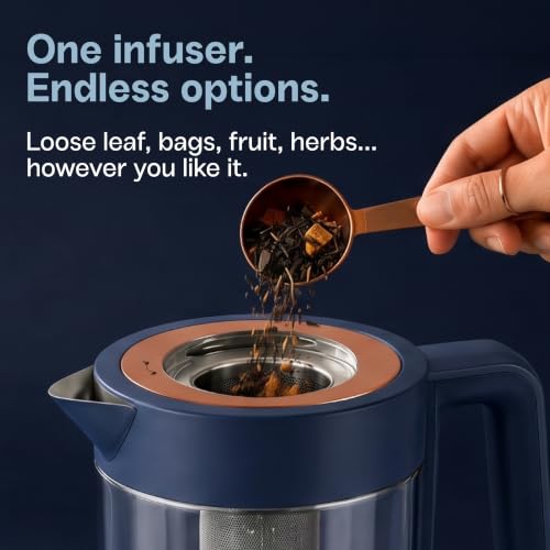 Viante Alba Electric Tea Kettle, Infuser, No Plastic, 1.5L, Midnight Blue