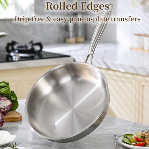 DELARLO Tri-Ply Stainless Steel Pan, 18/10 Frying Pan, Oven Safe Up to 600°F, Nontoxic Cookware, Compatible with All Cooktops Skillet, Durable, Fast Even Heat Fry Pan,10inch Steel Pan with Glass Lids