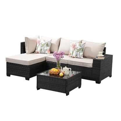 SunloungeCo 5 Pieces Outdoor Patio Furniture Set, Wicker Conversation Sets with Tea Table, Rattan Patio Sofa with Thick Cushions for Garden, Backyard, Poolside, Party, Beige