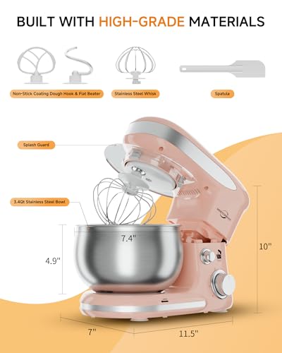 Stand Mixers, 3.4QT Mixers Kitchen Electric Stand Mixer, 6+P Speed Tilt-Head Portable Household Mixers for Daily Use with Egg Whisk, Dough Hook, Flat Beater, Dough Bread Mixer for Baking (Pink)