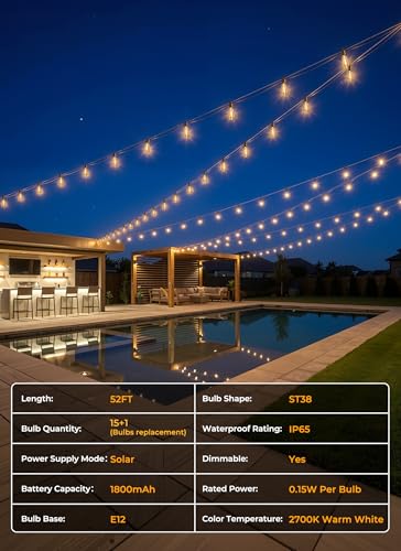 Brightown 52FT Solar String Lights Outdoor Waterproof, Patio Lights with Remote and 15+1 LED Shatterproof Bulbs, Dimmable & Timable, 3 Light Modes, Solar Lights Outdoor for Yard Garden Camping Party