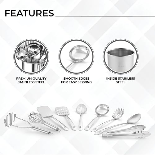 Avador® Premium Set of 10 Stainless Steel Kitchen Tool Set with Holder Easy To Clean, Space Saving, Great for Cooking, Baking, Prepping