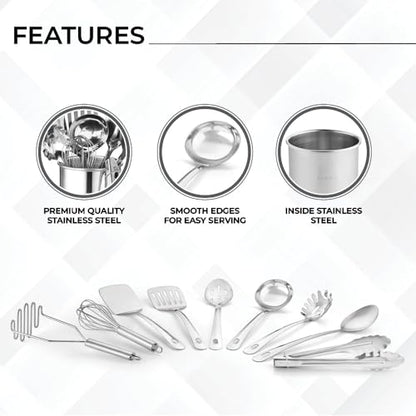 Avador® Premium Set of 10 Stainless Steel Kitchen Tool Set with Holder Easy To Clean, Space Saving, Great for Cooking, Baking, Prepping