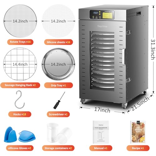 Septree Rotary Food Dehydrator 16 Trays, Commercial Large Rotating Food Dryer Machine for Jerky, Herbs, Mushrooms, Fruit, Dog Treats, 1500W Full Stainless Steel Industrial Dehydrater (Gunmetal Gray)