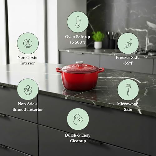 ROSSALLINI Signature Enameled Cast Iron Dutch Oven, Non-Stick Serving Pot with Tight Fitting Lid for Perfect Roasting, Baking, Sauteing, and Bread Making | 2Q (1.9L) - Red