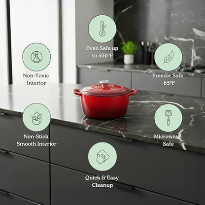ROSSALLINI Signature Enameled Cast Iron Dutch Oven, Non-Stick Serving Pot with Tight Fitting Lid for Perfect Roasting, Baking, Sauteing, and Bread Making | 2Q (1.9L) - Red
