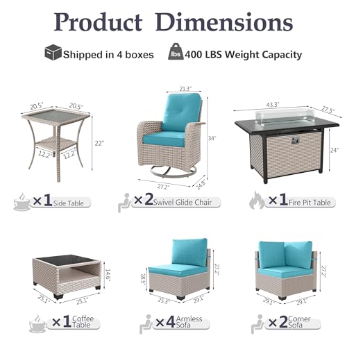 SnugVista Patio Furniture Set, 11-Piece Outdoor Sectional Sofa with Swivel Rocker Chairs & Fire Pit Table, Wicker Patio Conversation Set with Coffee Table, Cyan Cushions