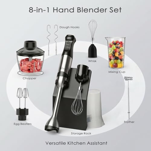 EuLea 8-in-1 Hand Blender 1200W 5-Speed, Immersion Stick Blender Set with Meat Grinder Dough Hooks Whisk Mixing Cup Storage Rack, for Smoothie Soup Puree Food Dough