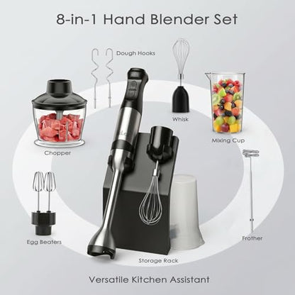 EuLea 8-in-1 Hand Blender 1200W 5-Speed, Immersion Stick Blender Set with Meat Grinder Dough Hooks Whisk Mixing Cup Storage Rack, for Smoothie Soup Puree Food Dough