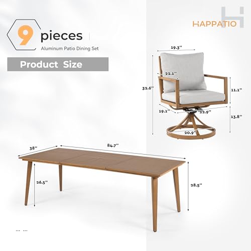 HAPPATIO Outdoor Dining Set, 9-Piece Patio Aluminum Dining Set with Wood-Like Hand-Painted Finish, 8 Swivel Rockers with Waterproof Cushions, Easy Assembly for Backyard, Garden, Porch,Grey Cushion