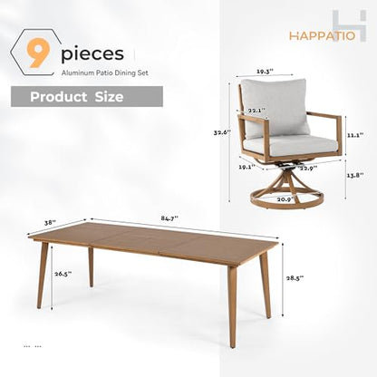 HAPPATIO Outdoor Dining Set, 9-Piece Patio Aluminum Dining Set with Wood-Like Hand-Painted Finish, 8 Swivel Rockers with Waterproof Cushions, Easy Assembly for Backyard, Garden, Porch,Grey Cushion