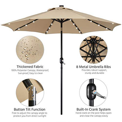 Yaheetech 9FT Solar Powered Patio Umbrella - UV Protection Market Table Umbrella w/ 32 LED Lights & Push Button Tilt & Crank Lift System for Garden/Lawn/Deck/Backyard/Pool,Tan
