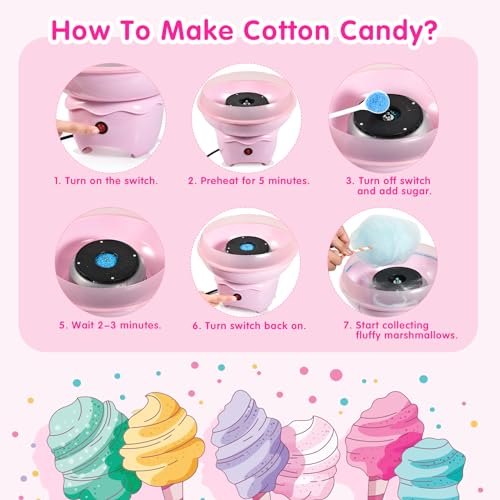 Cotton Candy Machine, Mini Cotton Candy Maker for Kids, Pink Vintage Candy Maker for Christmas Gift, Home, Birthday Family Party, Includes 20 Cotton Candy Sticks & Sugar Scoop