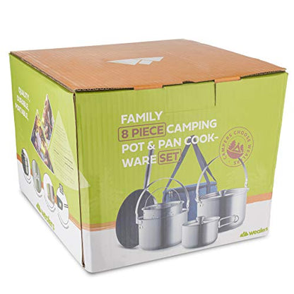 Camping Cookware Set 304 Stainless Steel 8-Piece Pots & Pans Open Fire Cooking Kit | Frying Pan Steamer with Travel Tote Bag | Compact For Outdoors & Indoors Kitchen Campfire Hiking RV
