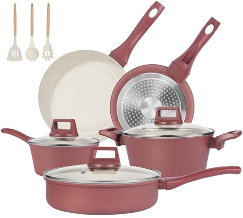M MELENTA Pots and Pans Set Non Stick, 11-Piece Nonstick Induction Cookware Set, Non-Toxic Kitchen Cooking Set with Frying Pans, Saucepan, Stock Pot, PFOA Free, Red Brown