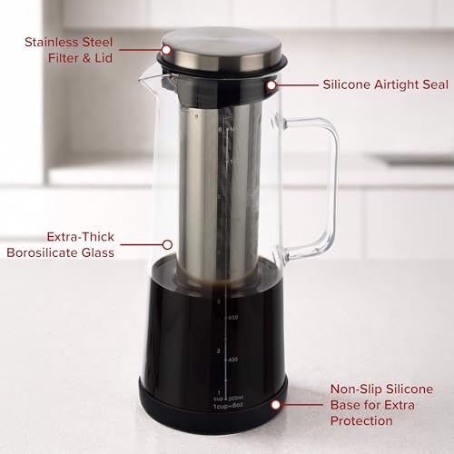 Cold Brew Coffee Maker Pitcher - 1.4L/48oz Glass Carafe with Lid and Spout and Removable Stainless Steel Filter - Cold Brew Maker and Iced Tea Pitcher for Fridge by Classic Cuisine